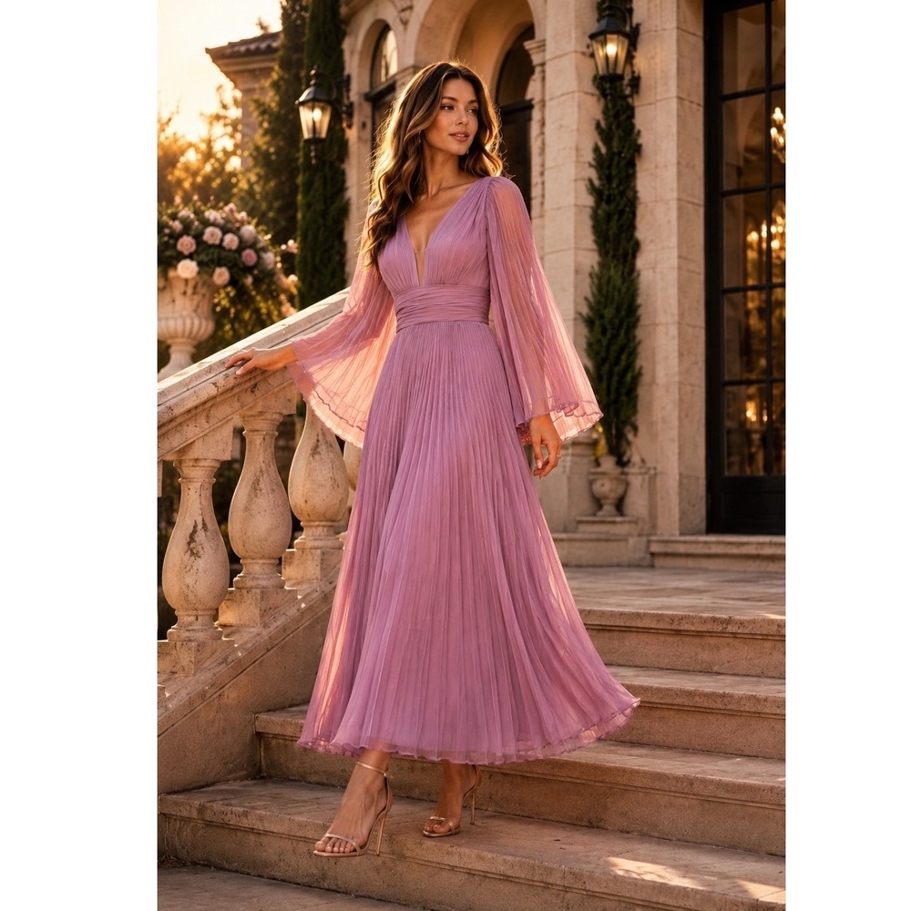 NWT Cinderella Divine Pleated Chiffon Gown 8 Blossom Pink‎ CD242 Bell Sleeve